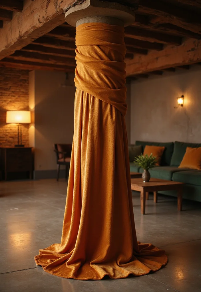 10 Basement Column Ideas for Decorative Functional Styling - 6. Use Fabric for Softening