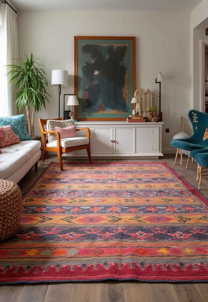10 Basement Rug Ideas for Warm Comfortable Flooring 6. Colorful Kilim Rugs