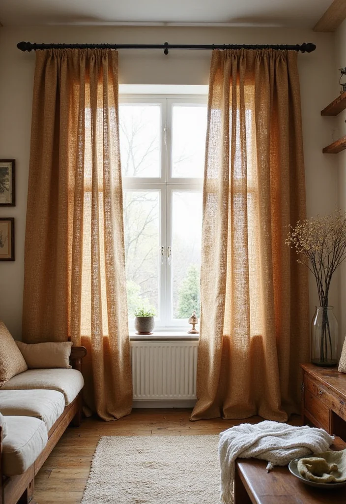10 Four Panel Curtain Ideas for Wide Balanced Coverage 6. Rustic Jute Curtains