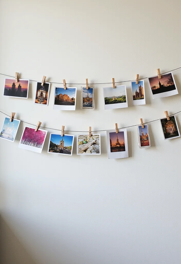 10 Hostel Wall Decor Ideas for Warm Affordable Style 8. Photo Curtain or Clothesline Display