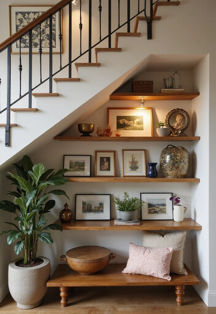 10 Under Stairs Wall Decor Ideas for Clever Small Spots 78 10 Under Stairs Wall Decor Ideas for Clever Small Spots 8. Chic Gallery Shelves for Art and Accessories