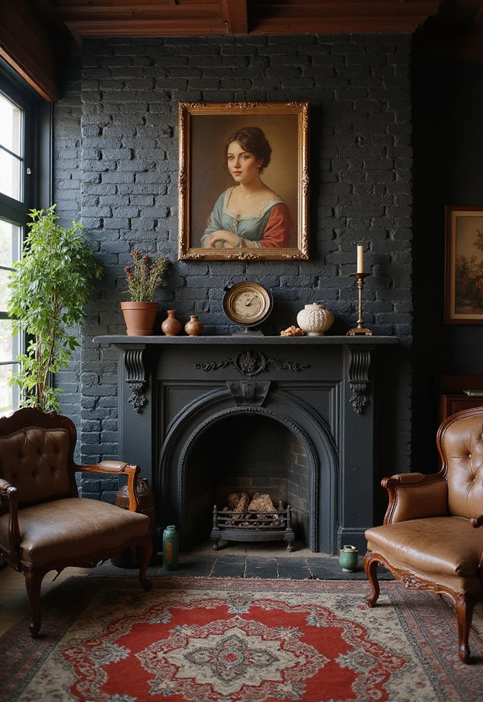 12 Black Brick Fireplace Ideas for Bold Modern Contrast 10. Vintage Vibes Black Brick with Retro Decor