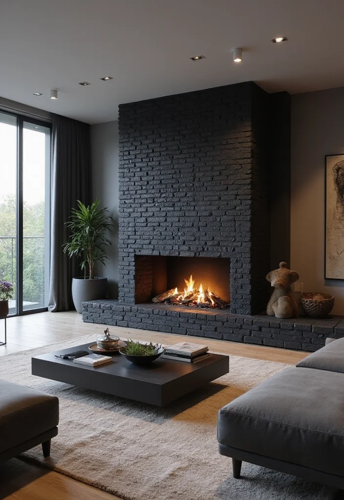 12 Black Brick Fireplace Ideas for Bold Modern Contrast 11. Futuristic Feel Black Brick with Modern Tech