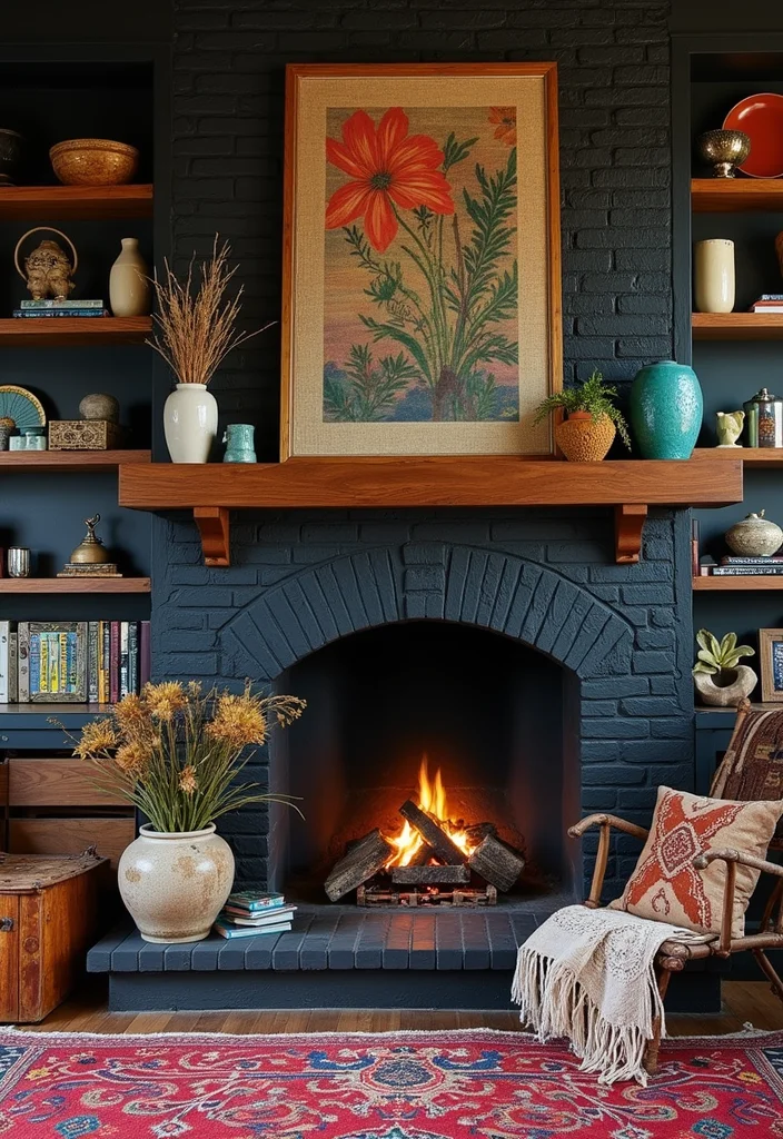 12 Black Brick Fireplace Ideas for Bold Modern Contrast 12. Cultural Fusion Black Brick and Global Accessories