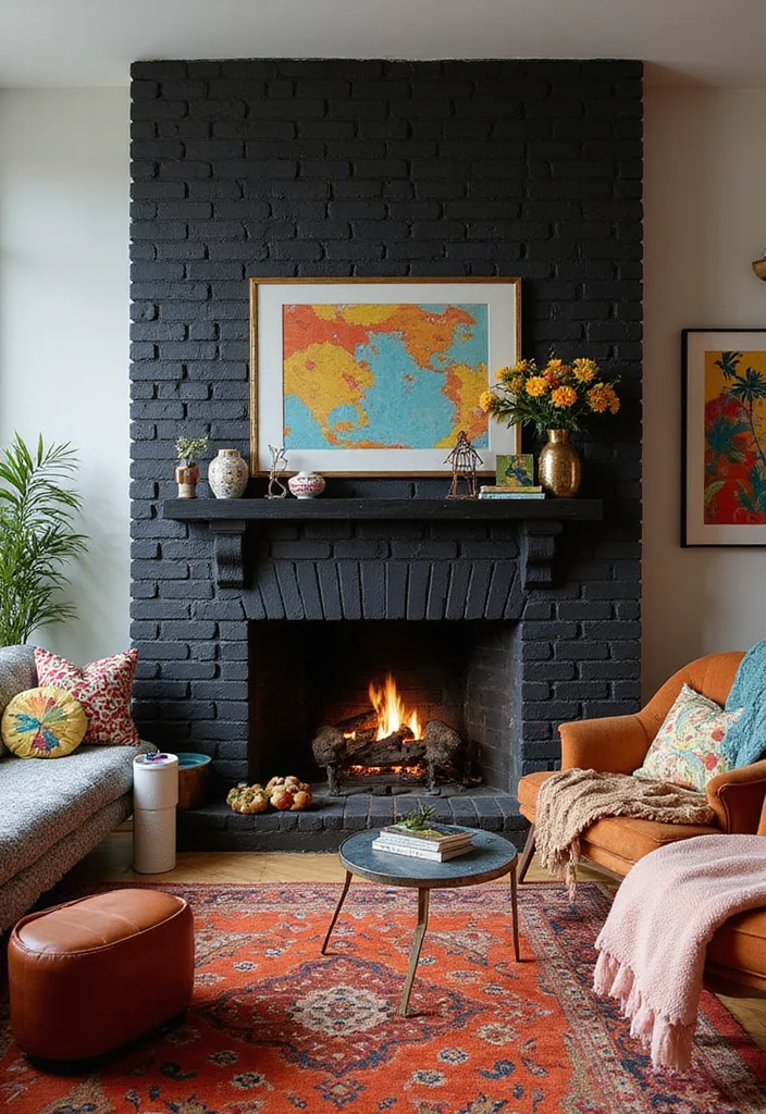 12 Black Brick Fireplace Ideas for Bold Modern Contrast 3. Bold Accent Wall Black Brick and Colorful Surroundings