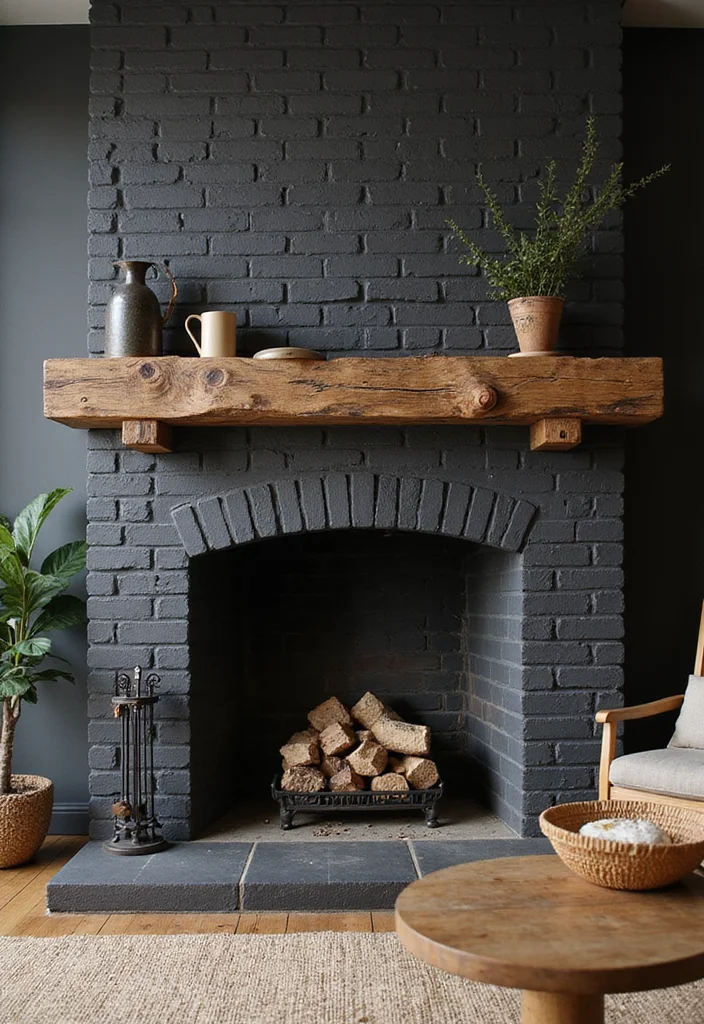 12 Black Brick Fireplace Ideas for Bold Modern Contrast 4. Rustic Charm Black Brick with Wooden Elements