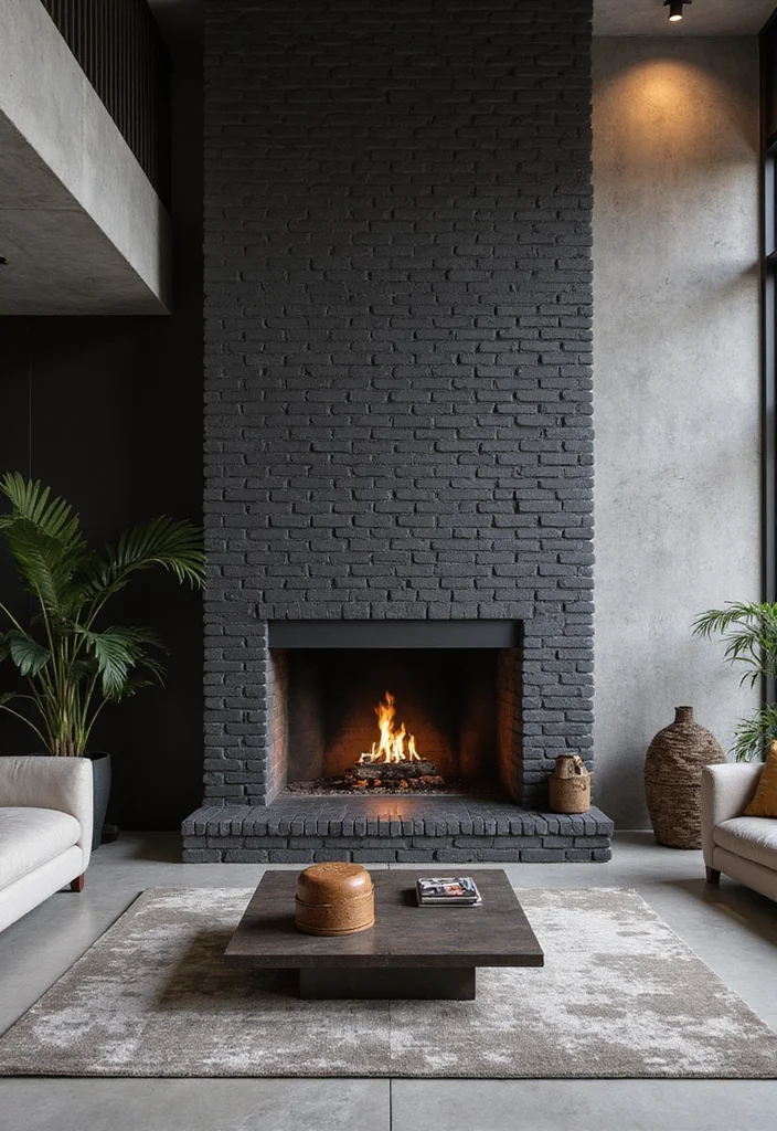 12 Black Brick Fireplace Ideas for Bold Modern Contrast 7. Textural Contrast Mixing Materials with Black Brick