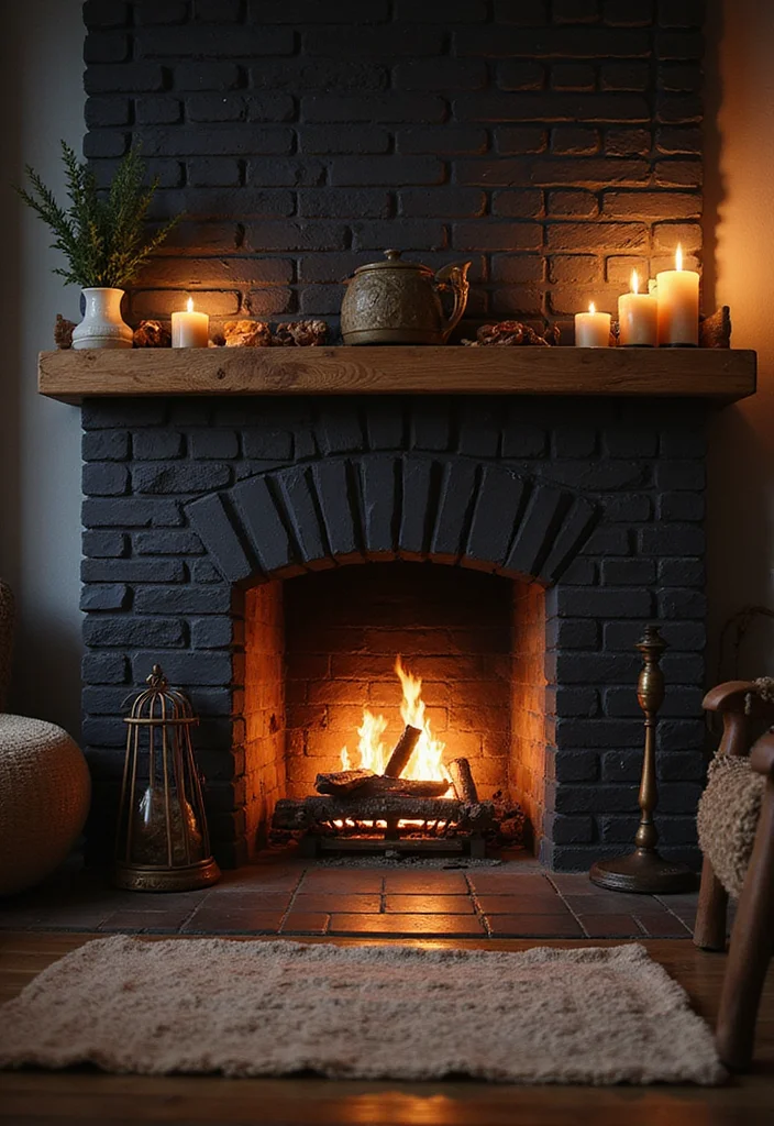 12 Black Brick Fireplace Ideas for Bold Modern Contrast 8. Warm Glow Black Brick with Cozy Lighting