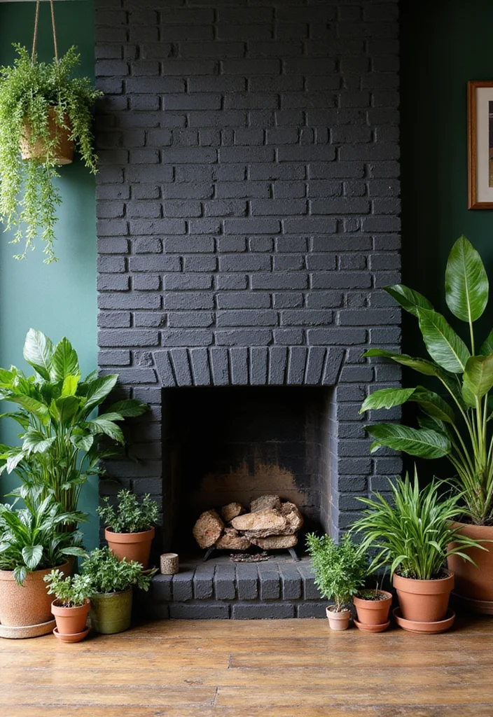 12 Black Brick Fireplace Ideas for Bold Modern Contrast 9. Eco Friendly Black Brick with Greenery