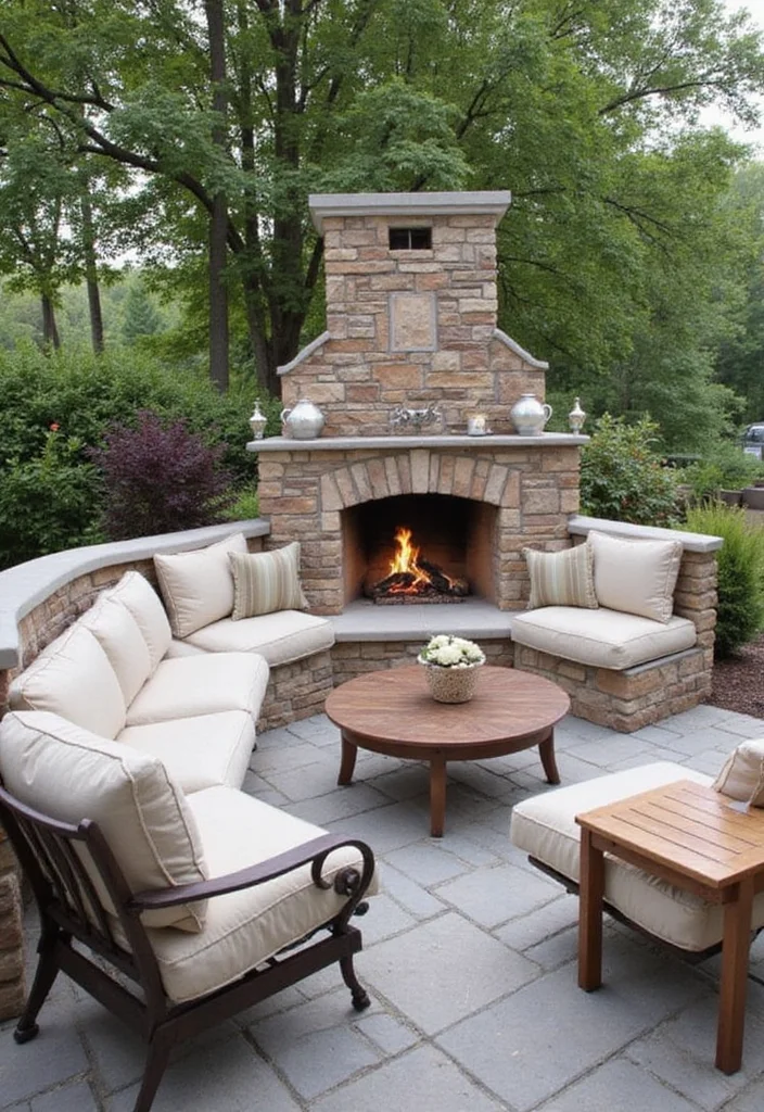 12 Corner Outdoor Fireplace Ideas for Cozy Backyard Layouts 6. Integrated Seating