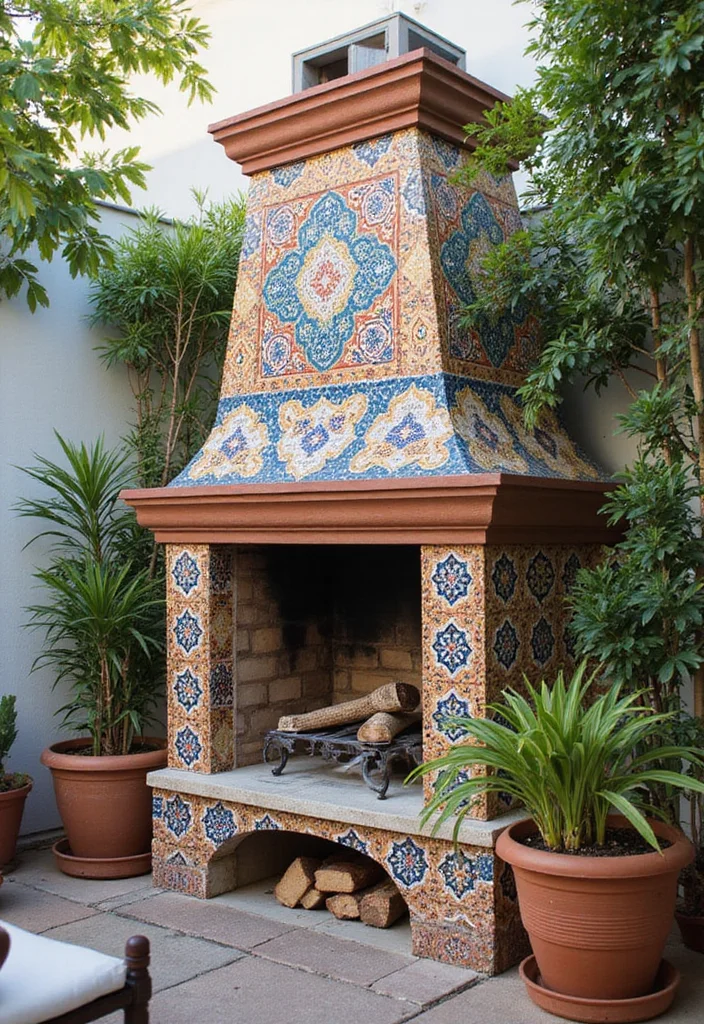 12 Corner Outdoor Fireplace Ideas for Cozy Backyard Layouts 7. Chic Tile Patterns