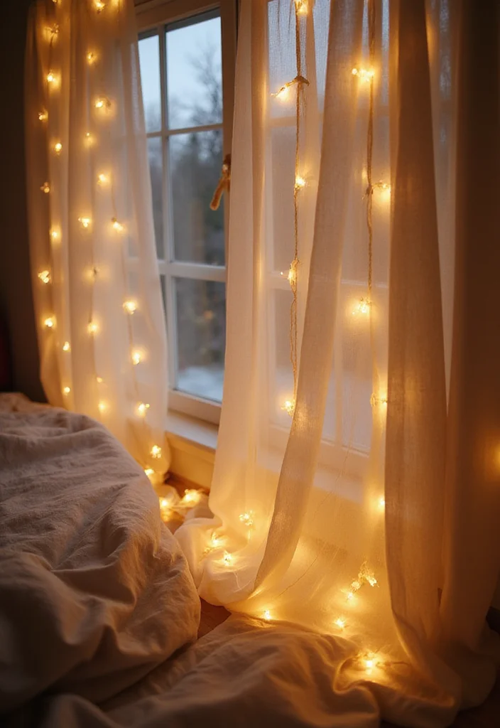 12 Curtain Lights Bedroom Ideas for Soft Cozy Ambience - 1. Fairy Lights Draped Over Sheer Curtains