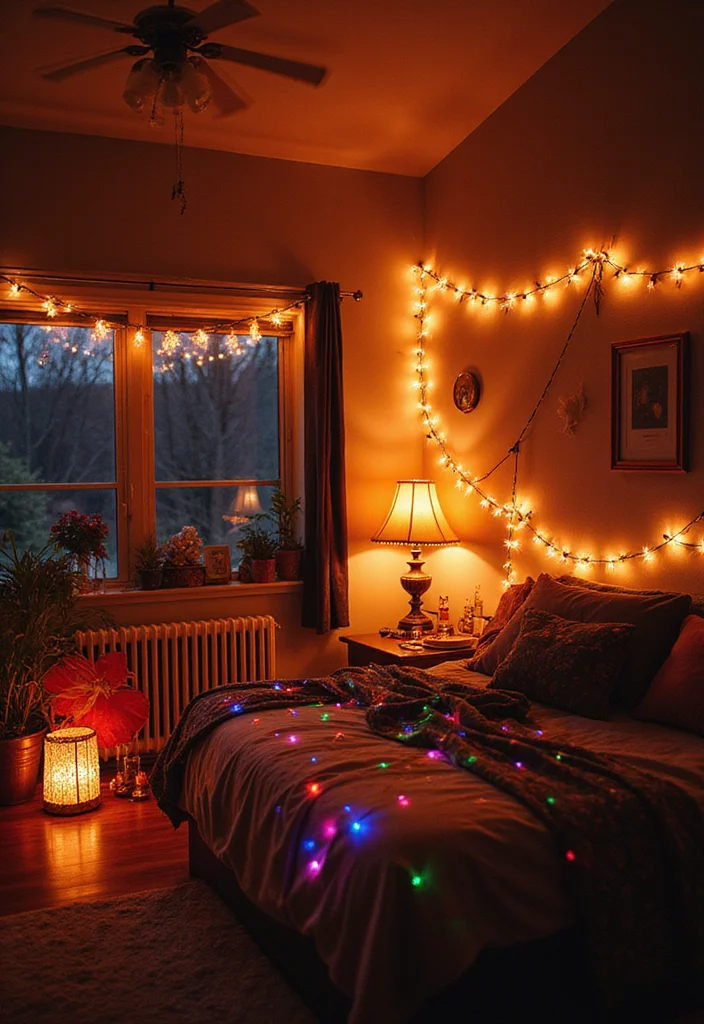 12 Curtain Lights Bedroom Ideas for Soft Cozy Ambience - 10. Seasonal Decor Twinkle Lights