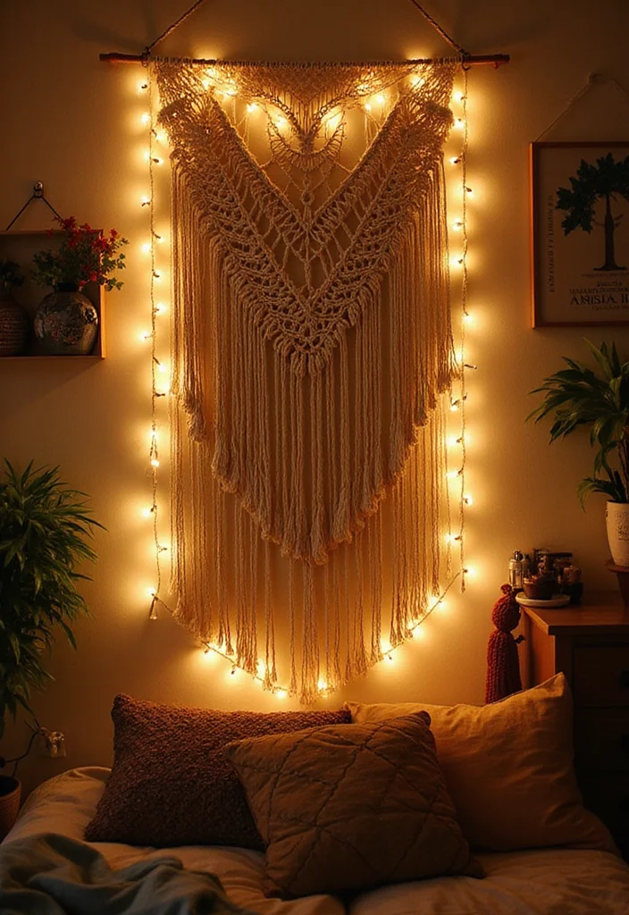 12 Curtain Lights Bedroom Ideas for Soft Cozy Ambience - 2. Boho Macramé with String Lights