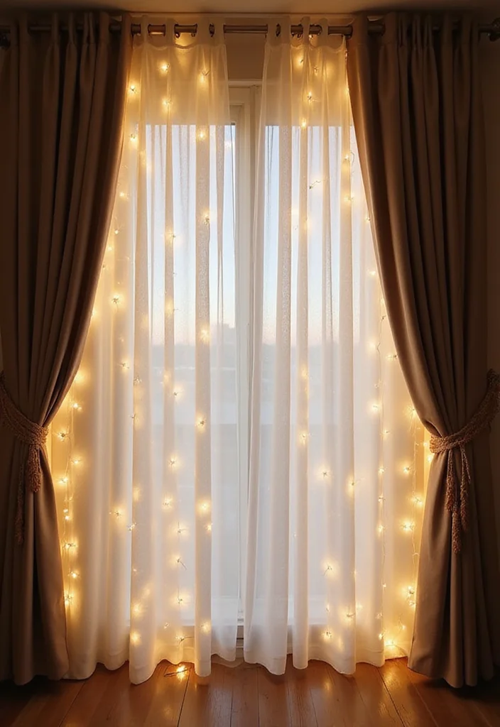 12 Curtain Lights Bedroom Ideas for Soft Cozy Ambience - 3. Layering Lights with Curtains