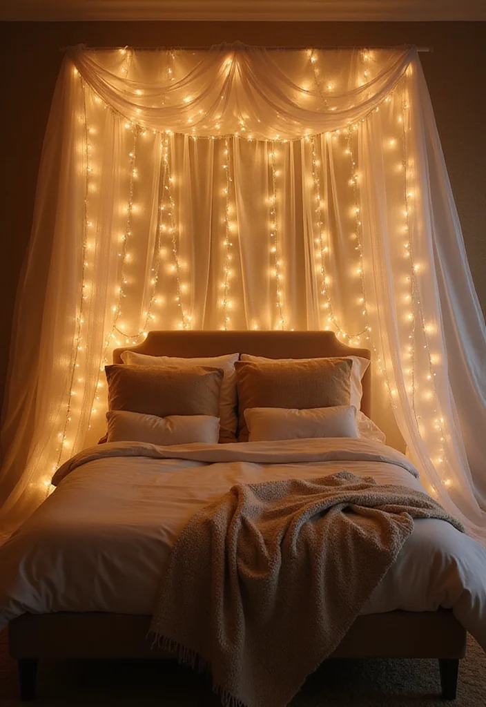 12 Curtain Lights Bedroom Ideas for Soft Cozy Ambience - 5. Bed Canopy with Twinkling Lights