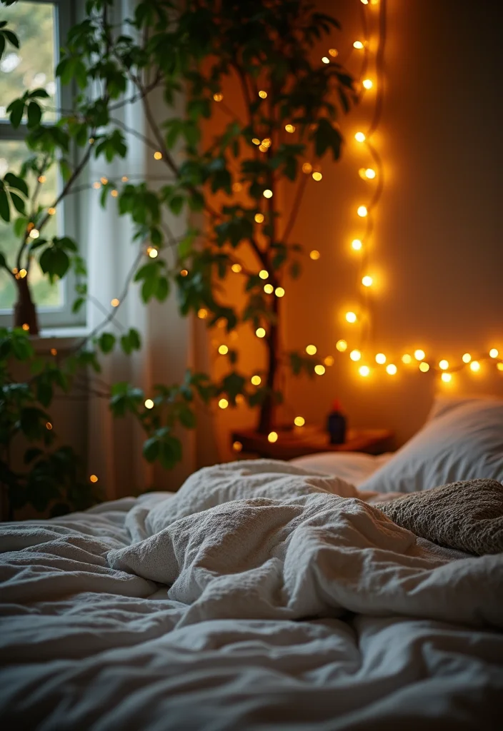 12 Curtain Lights Bedroom Ideas for Soft Cozy Ambience - 7. Twisted Lights and Greenery