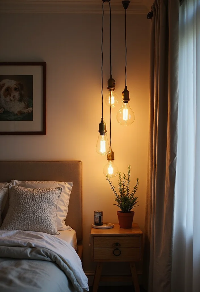 12 Curtain Lights Bedroom Ideas for Soft Cozy Ambience - 8. Multi-functional Pendant Lights