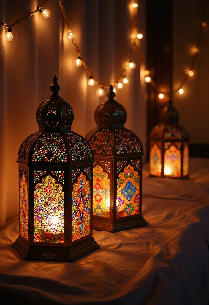 12 Curtain Lights Bedroom Ideas for Soft Cozy Ambience - 9. Mosaic Lanterns with Curtain Lights
