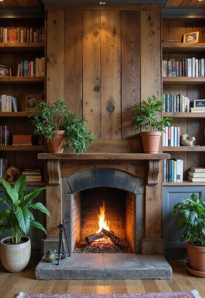 12 Fireplace Bookshelf Ideas for Warm Integrated Storage 1. Rustic Reclaimed Wood Shelving