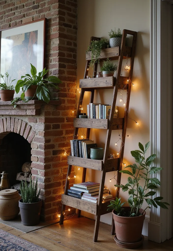 12 Fireplace Bookshelf Ideas for Warm Integrated Storage 5. Vintage Ladder Bookshelf