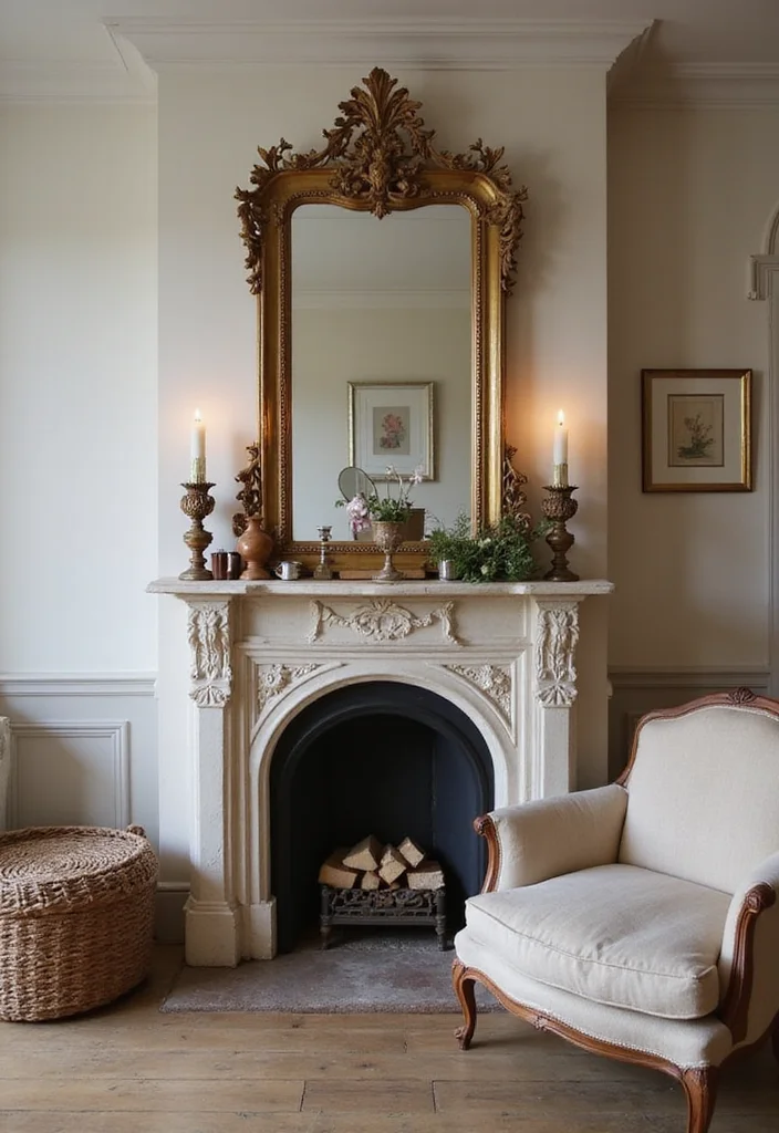 12 Ideas for Above Fireplace for Balanced Eye Level Style 4. A Vintage Mirror for Light and Space