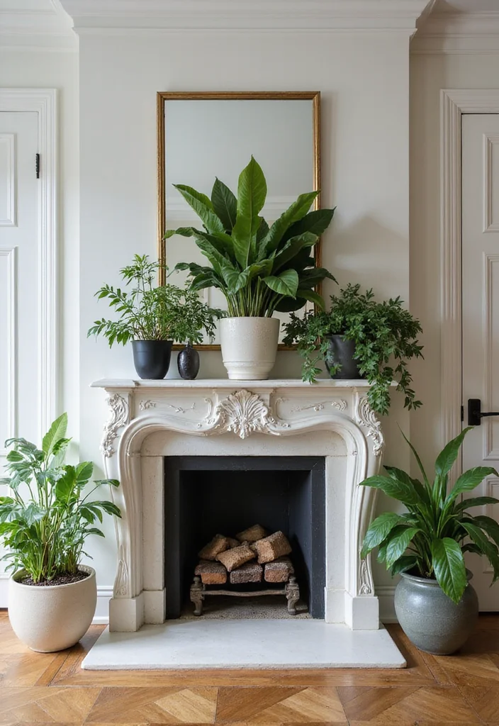 12 Ideas for Above Fireplace for Balanced Eye Level Style 8. Statement Plants for Natural Beauty