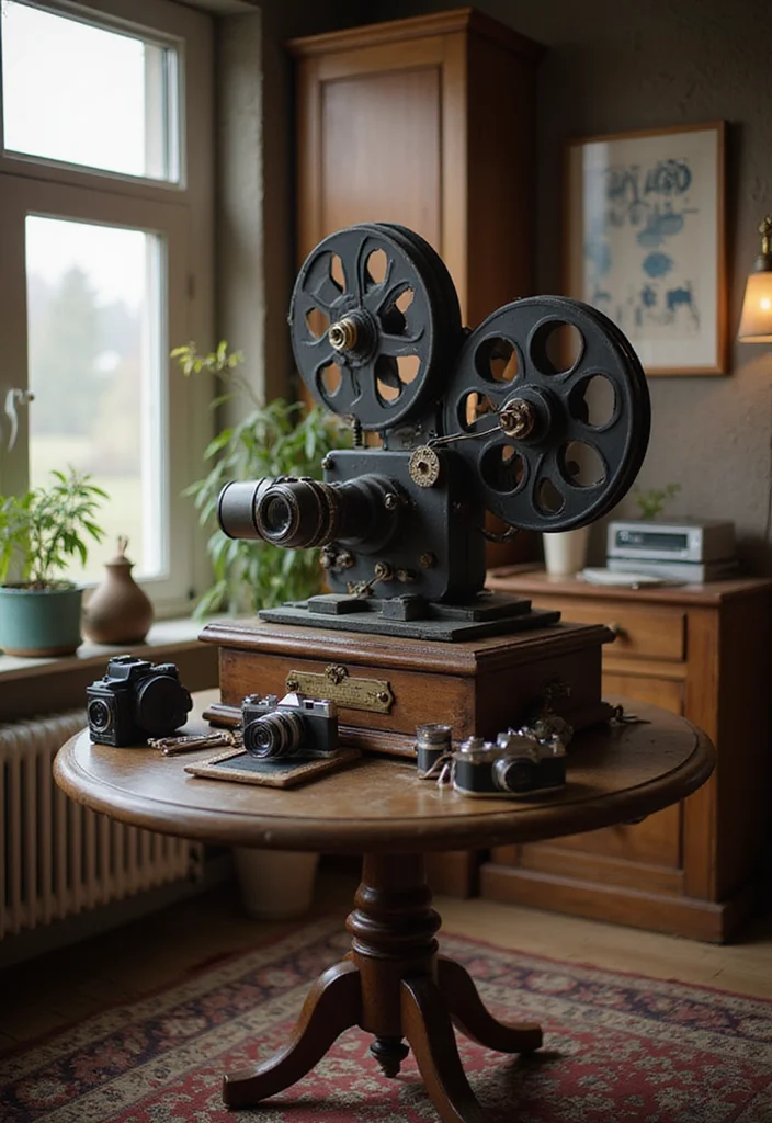 12 Movie Wall Decor Ideas for Cinematic Home Ambience 12. Vintage Film Projector Display