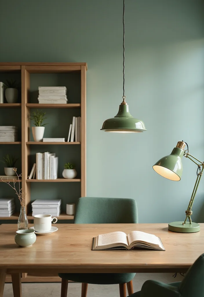 12 Sage Green Office Ideas for Soft Natural Calm - 10. Light Fixtures in Sage Green