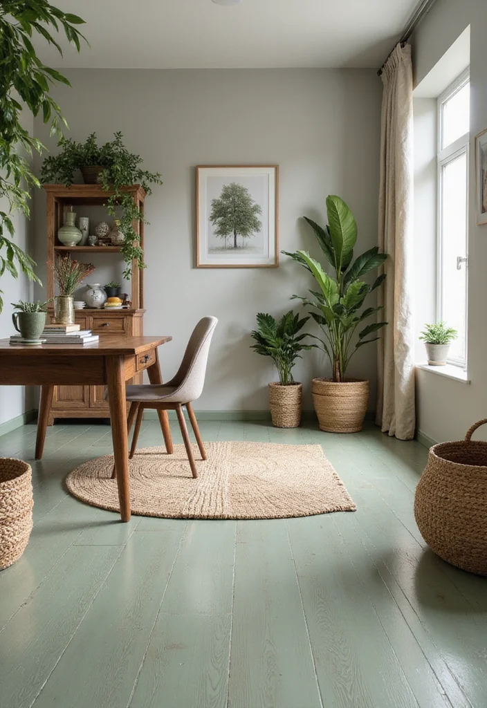 12 Sage Green Office Ideas for Soft Natural Calm - 7. Sustainable Flooring Choices