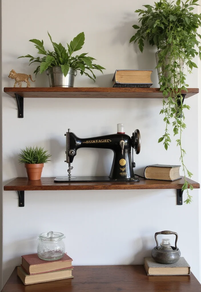 12 Sewing Room Wall Decor Ideas for Organized Inspiring Space 10. Vintage Sewing Machine Display