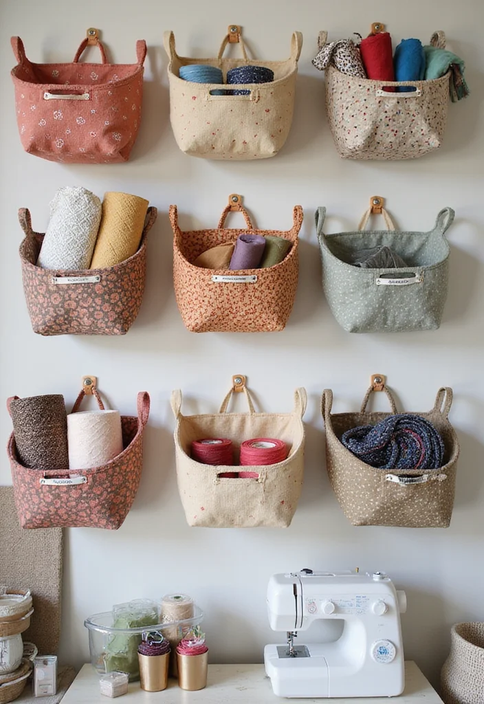 12 Sewing Room Wall Decor Ideas for Organized Inspiring Space 11. Fabric Storage Baskets
