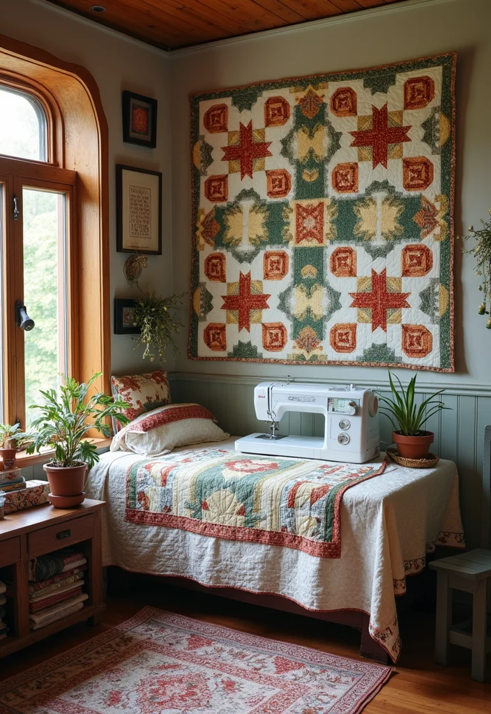 12 Sewing Room Wall Decor Ideas for Organized Inspiring Space 4. Quilted Wall Hangings