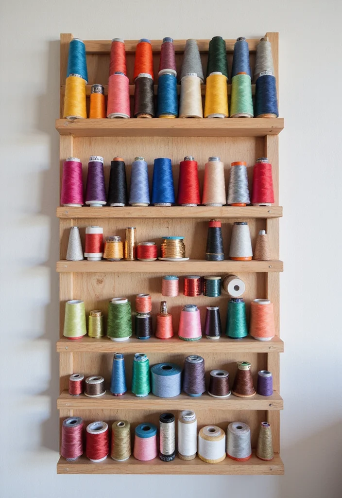 12 Sewing Room Wall Decor Ideas for Organized Inspiring Space 6. Colorful Thread Racks