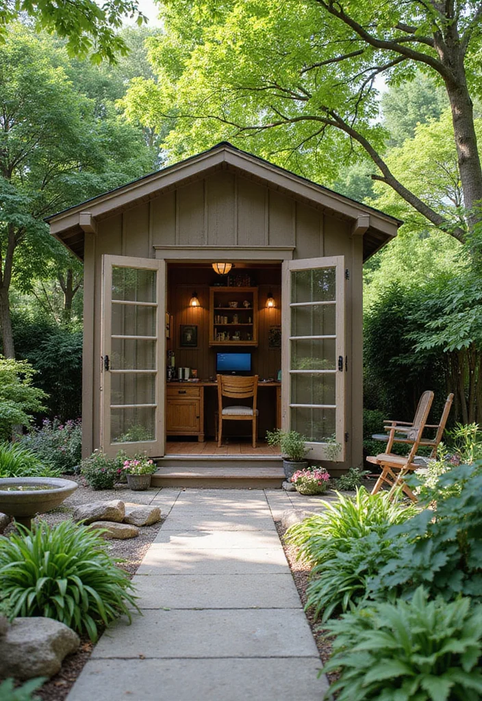 12 Shed Home Office Ideas for Quiet Detached Workspaces 12. Backyard Oasis Retreat
