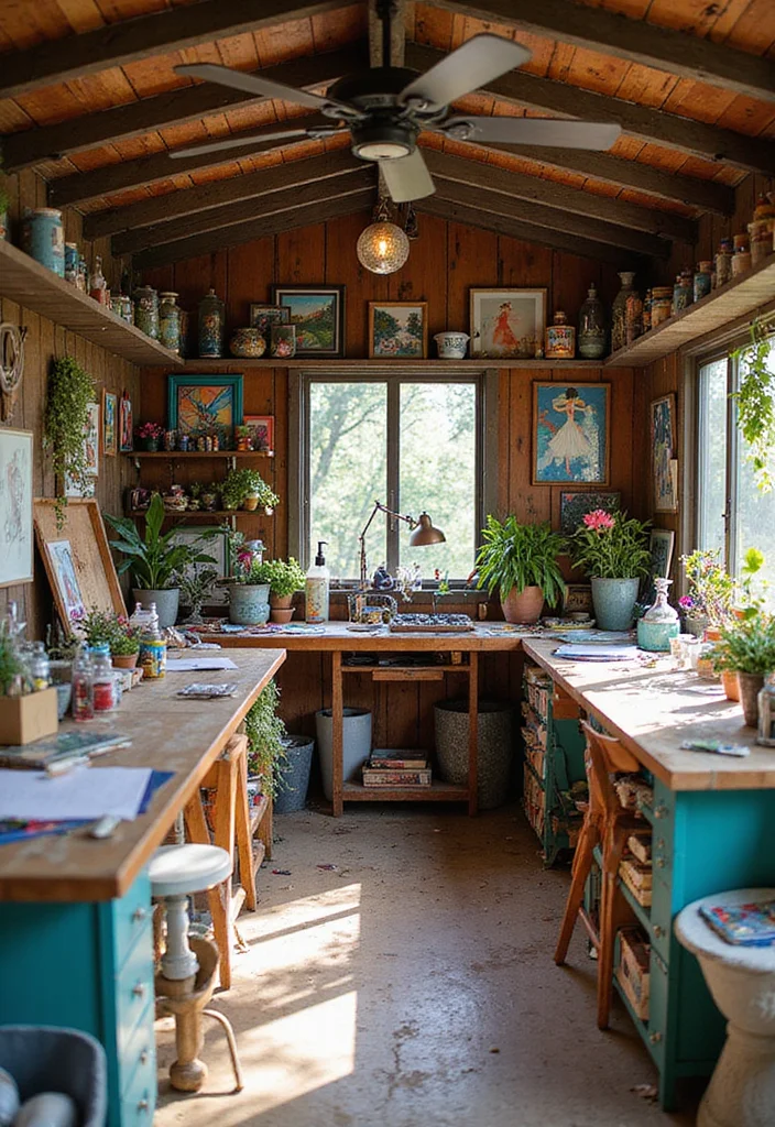 12 Shed Home Office Ideas for Quiet Detached Workspaces 8. Artsy Work Nook
