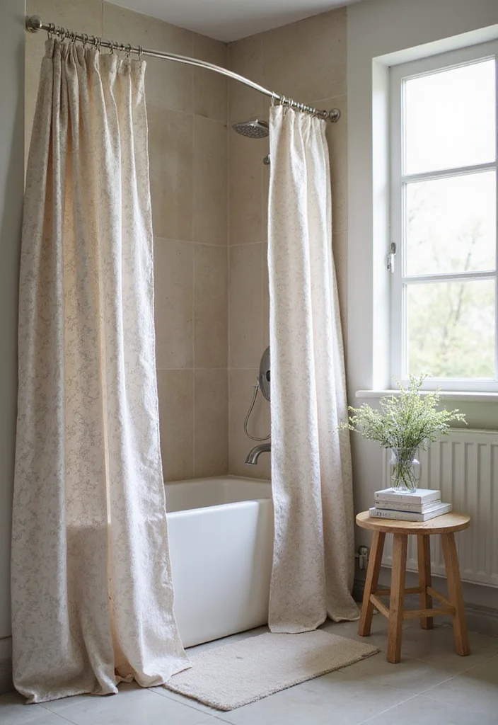 12 Shower Curtain Alternative Ideas for Fresh Modern Looks 103 12 Shower Curtain Alternative Ideas for Fresh Modern Looks - 11. Tension Rods with Fabrics