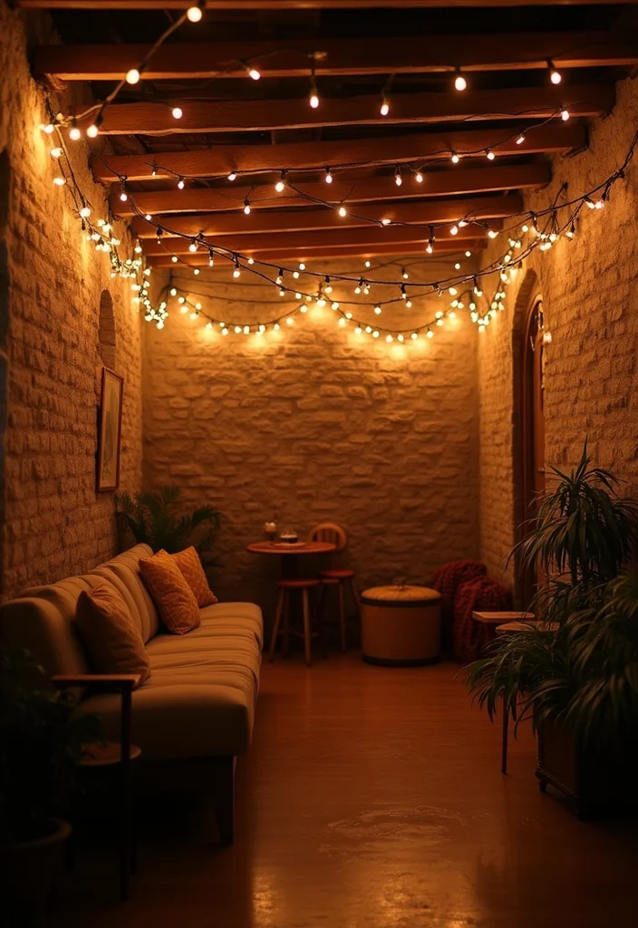 14 Basement Wall Decorating Ideas for Big Visual Impact 11. String Lights