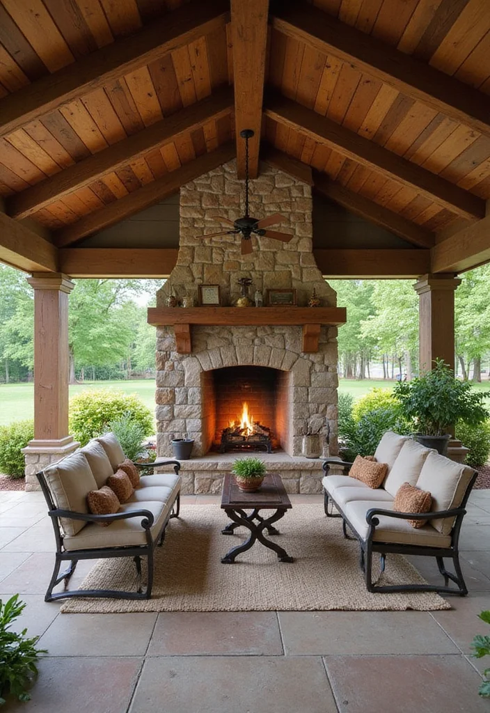 14 Covered Patio Ideas With Fireplace for Year Round Comfort 1 14 Covered Patio Ideas With Fireplace for Year Round Comfort 1. Rustic Charm with a Stone Fireplace