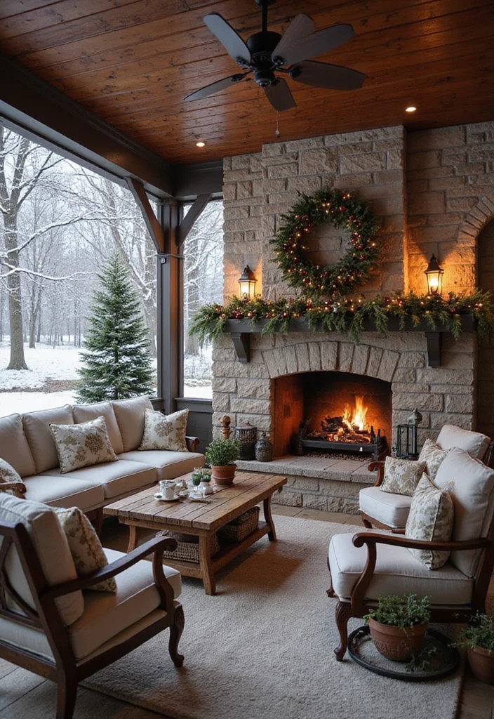 14 Covered Patio Ideas With Fireplace for Year Round Comfort 133 14 Covered Patio Ideas With Fireplace for Year Round Comfort 13. Winter Wonderland Patio