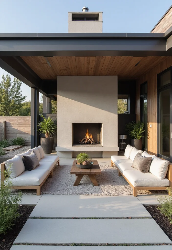 14 Covered Patio Ideas With Fireplace for Year Round Comfort 12 14 Covered Patio Ideas With Fireplace for Year Round Comfort 2. Modern Minimalist Patio with Fireplace