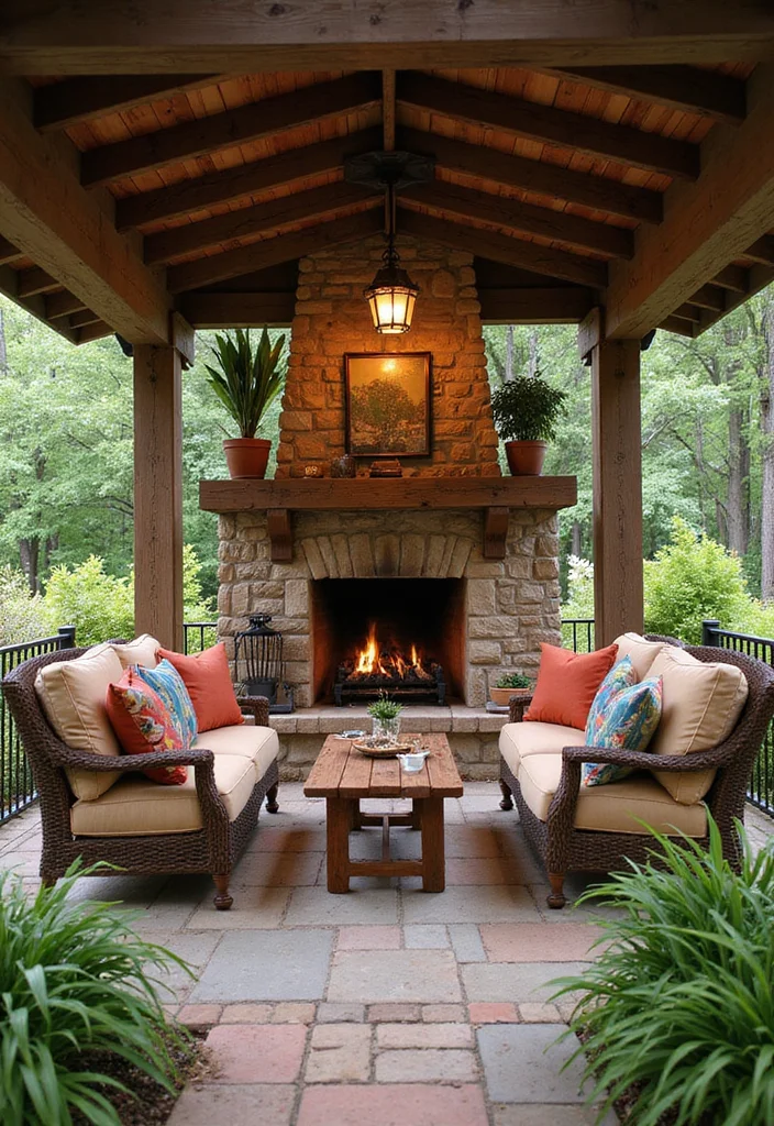 14 Covered Patio Ideas With Fireplace for Year Round Comfort 23 14 Covered Patio Ideas With Fireplace for Year Round Comfort 3. Traditional Wooden Fireplace with Cozy Seating