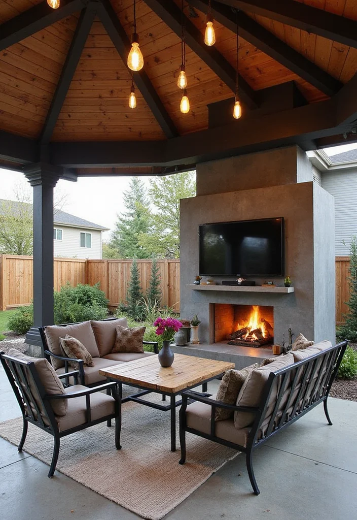 14 Covered Patio Ideas With Fireplace for Year Round Comfort 34 14 Covered Patio Ideas With Fireplace for Year Round Comfort 4. Chic Industrial Style with Fire Feature