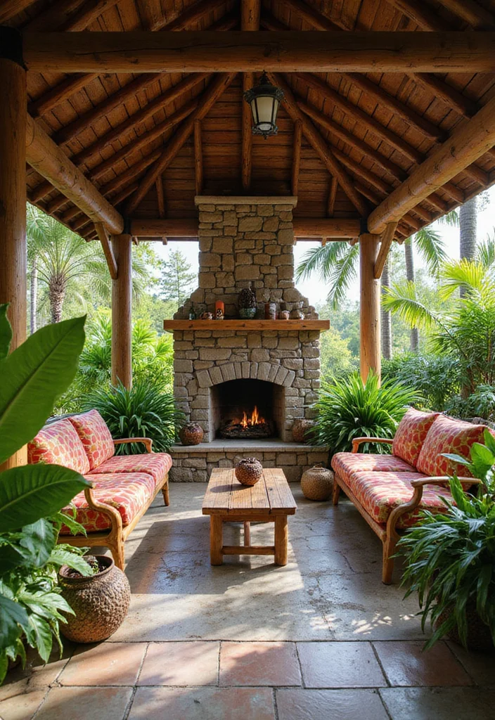 14 Covered Patio Ideas With Fireplace for Year Round Comfort 89 14 Covered Patio Ideas With Fireplace for Year Round Comfort 9. Tropical Oasis with Fire Feature