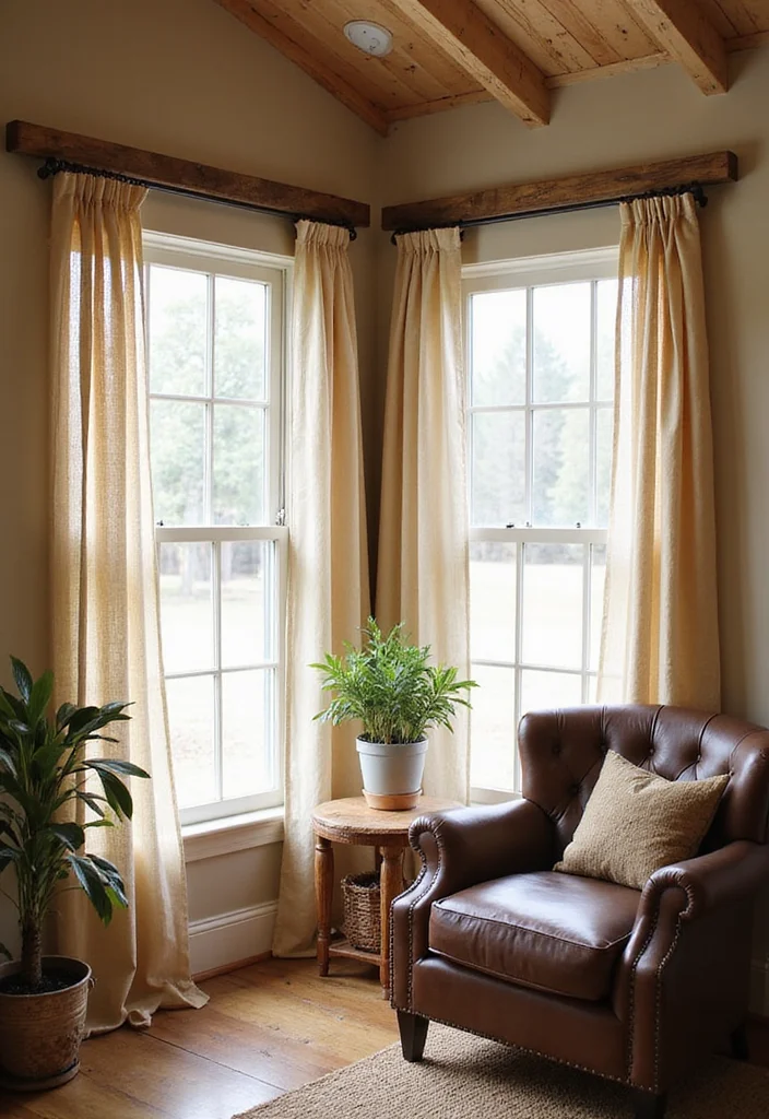 14 French Country Curtain Ideas for Warm Rustic Elegance - 14. Reclaimed Wood Curtain Rods