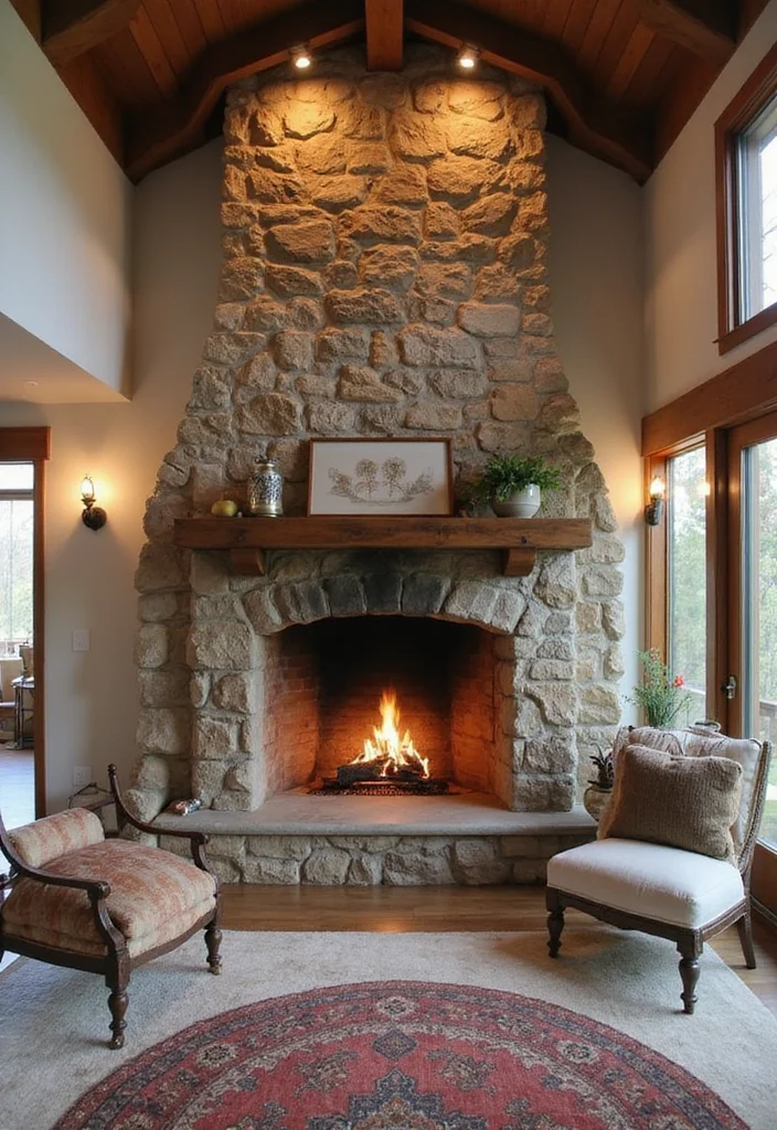 14 High Ceiling Fireplace Ideas for Dramatic Vertical Impact 3. Rustic Charm with a Twist
