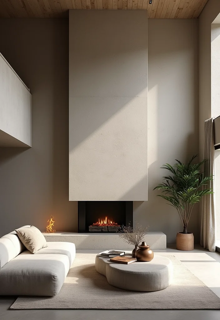 14 High Ceiling Fireplace Ideas for Dramatic Vertical Impact 7. Stone and Concrete Fusion