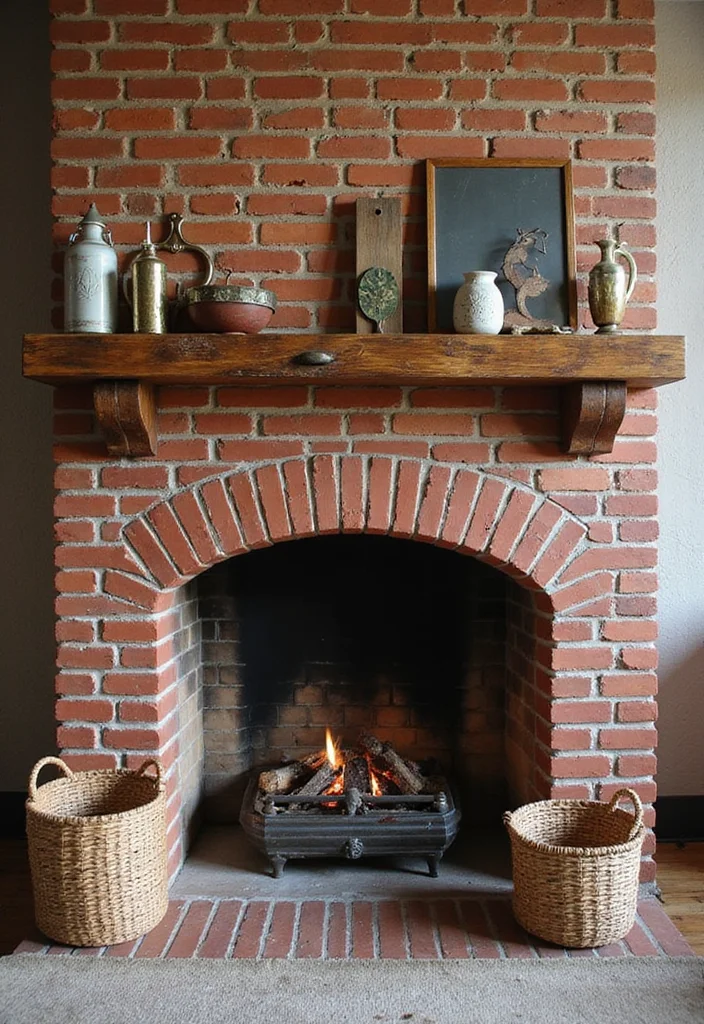 14 Red Brick Fireplace Ideas for Rustic Updated Charm 2. Rustic Reclaimed Wood Mantel