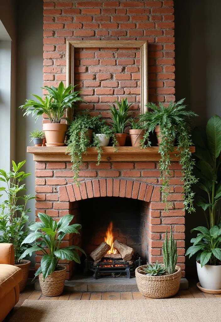 14 Red Brick Fireplace Ideas for Rustic Updated Charm 5. Greenery Infusion