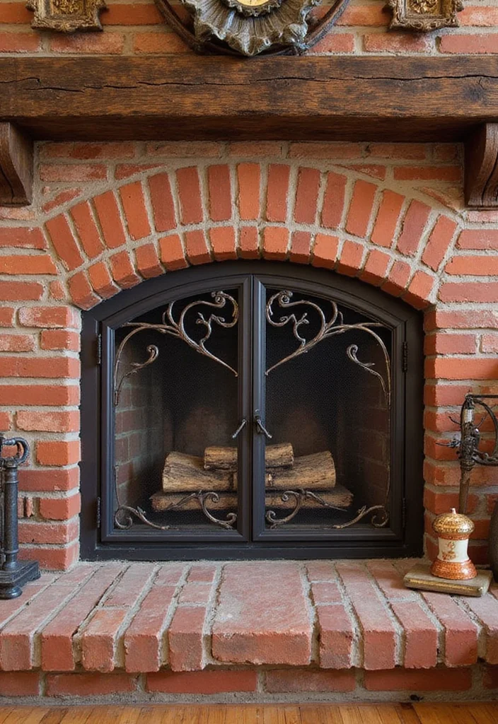 14 Red Brick Fireplace Ideas for Rustic Updated Charm 7. Artistic Fireplace Screen